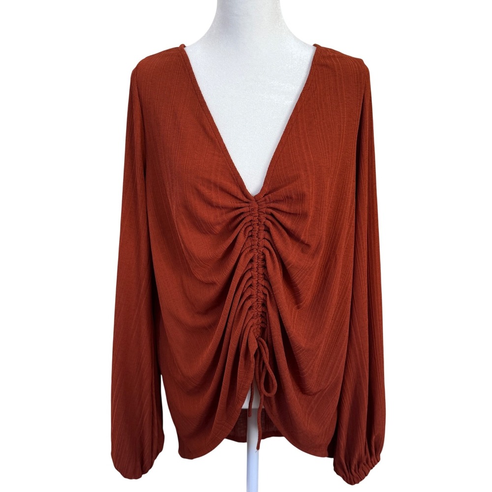 Free People Beach Rust Ruched Front Long Sleeve Blouse Top Women's M Boho‎ Coast